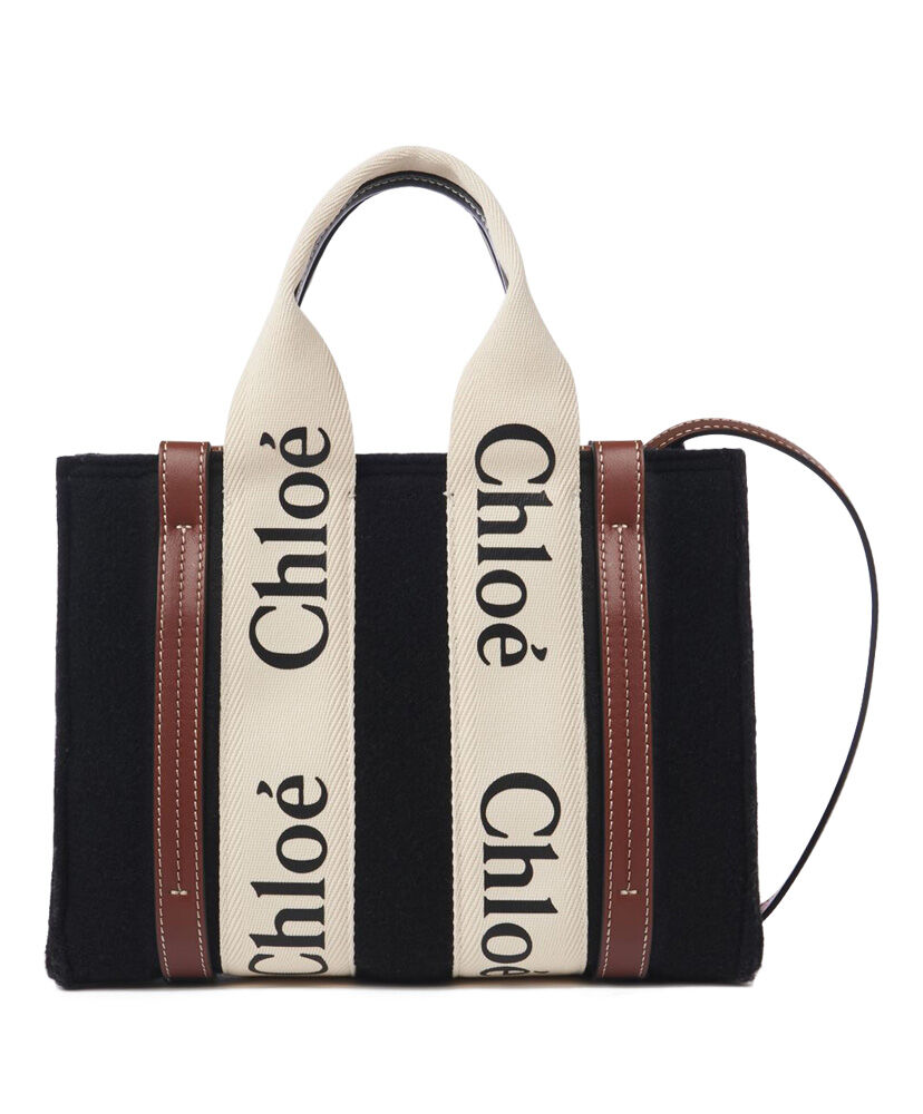 Chloe Small Woody Tote Bag With Strap Canvas with Leather Black